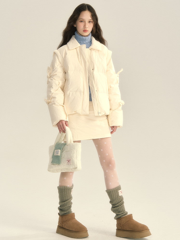 Cotton Quilting Ribbon Set-Up Cute Down-Jacket&Mini-Skirt