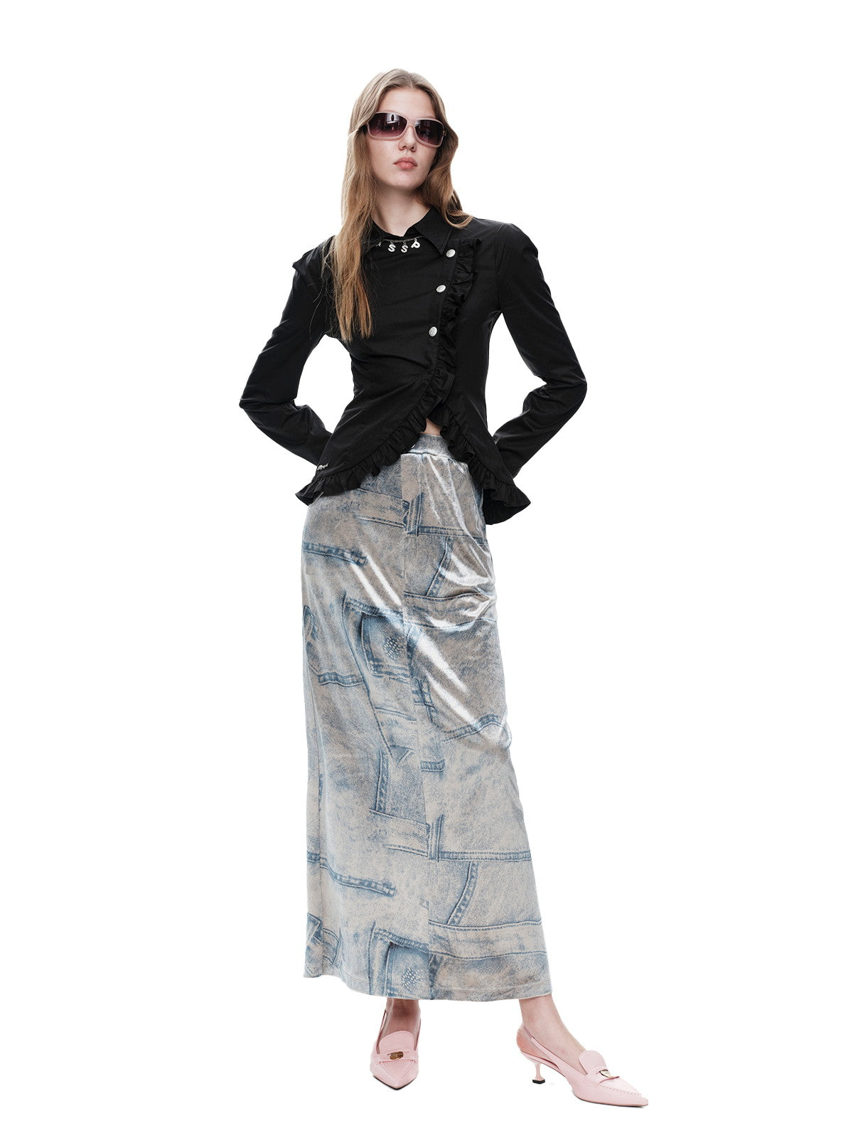 Fake-Denim Velvet Smooth Nichi Set-Up Tops&Long-Skirt