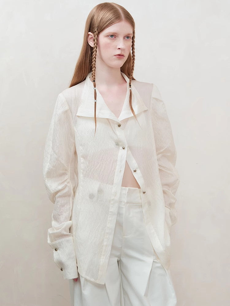 Oversize Wrinkled Sheer Chic Long-Scarf&Shirt