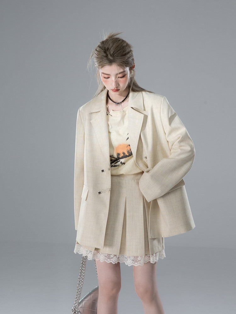 Jacket&Mini-Skirt Lace Box-Pleats Ovreszie Suit Set-Up