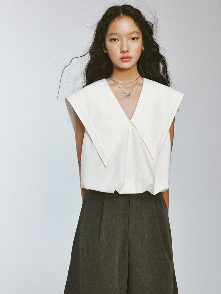 Sailor-Collar Big-Collar V-Neck Lno-Sleeve Chic Tops
