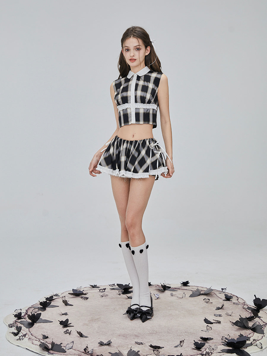 Flower Checked Lace Nichi Cute Blouse & Mini-Skirt