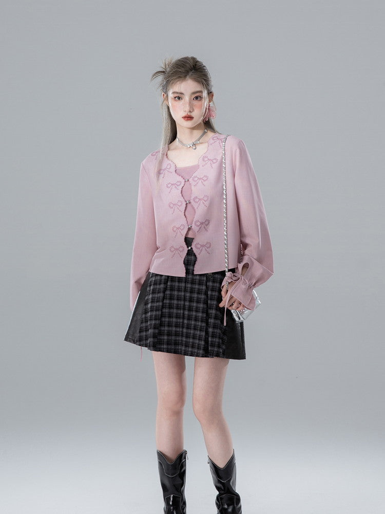 Cardigan&Long-Skirt Ribbon V-Neck Retro Set-Up