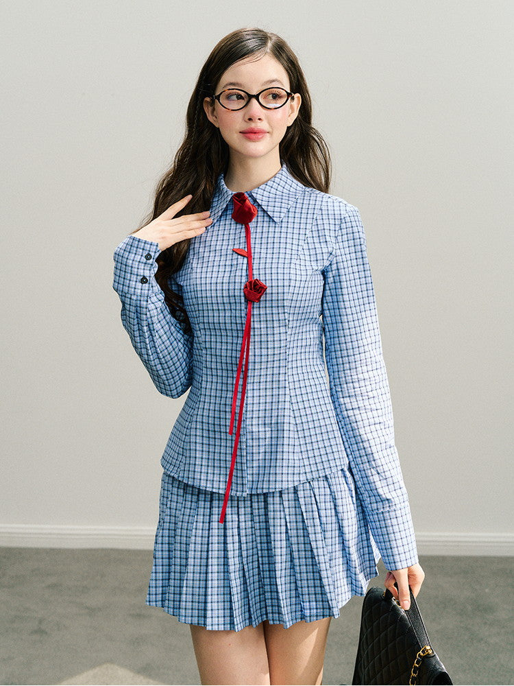 Set-Up Checked Flower Rose College Casual Blouse&Pleats-Skirt