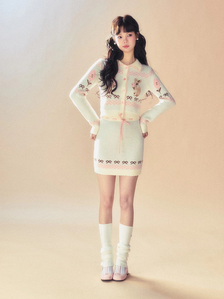 Set-Up Knit Retro Rabbit Ribbon Cardigan&Mini-Skirt