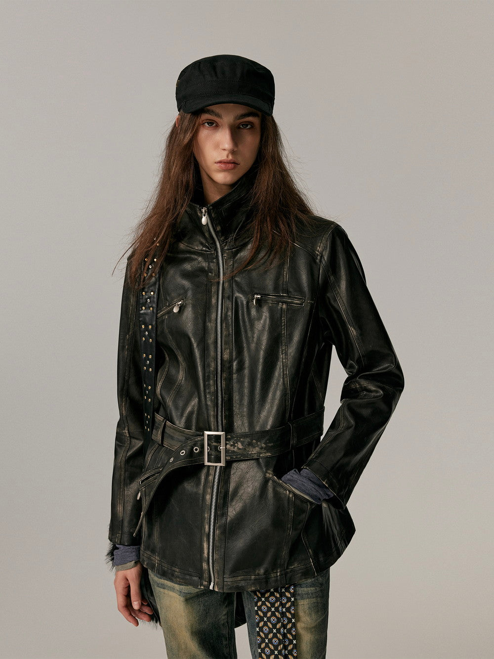 Smooth Vintage Stand-Collar Cool Loose Leather-Jacket