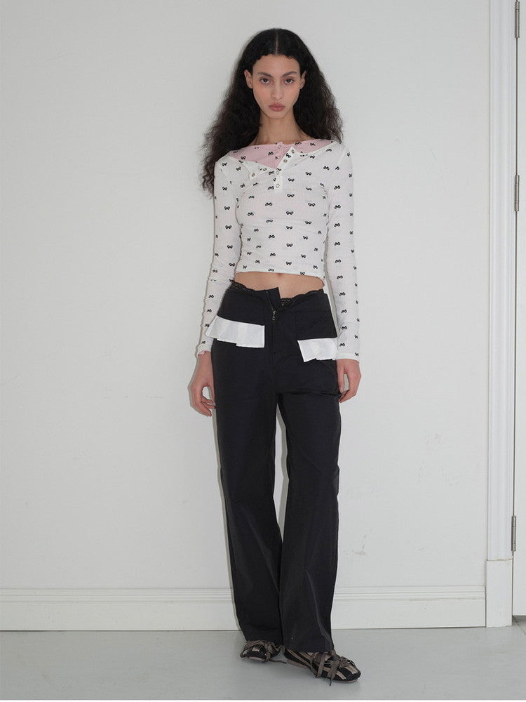 Ribbon Slim Thin Boat-Neck Cute Cutsew