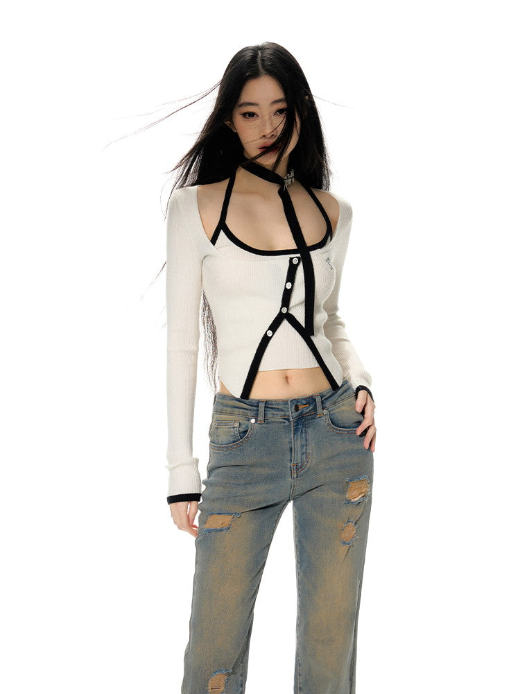 Knit Bi-Color Plain Set-Up Cardigan&Camisole