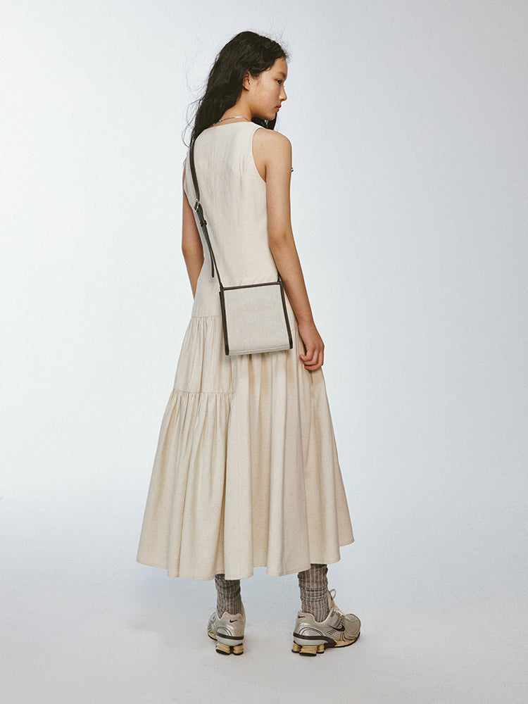 Tiered Long V-Necl Natural No-Sleeve One-Piece