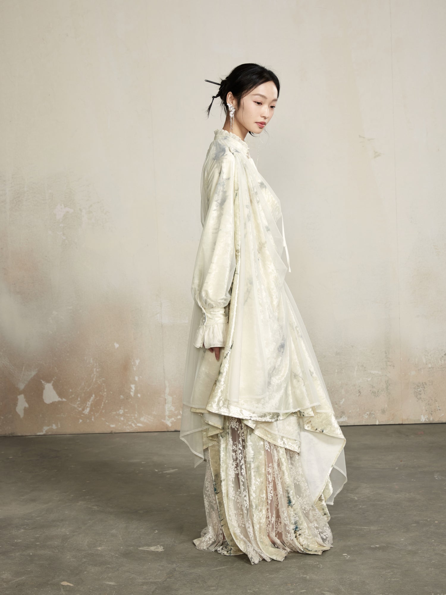 Asymmetry Classy Drape Sheer Long Gather Glossy Outer