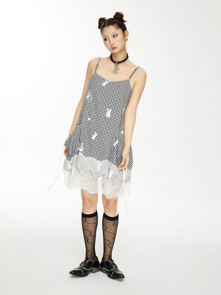 Lace Gingham-Checked Girly Loose Camisole Casual Dress&Pants