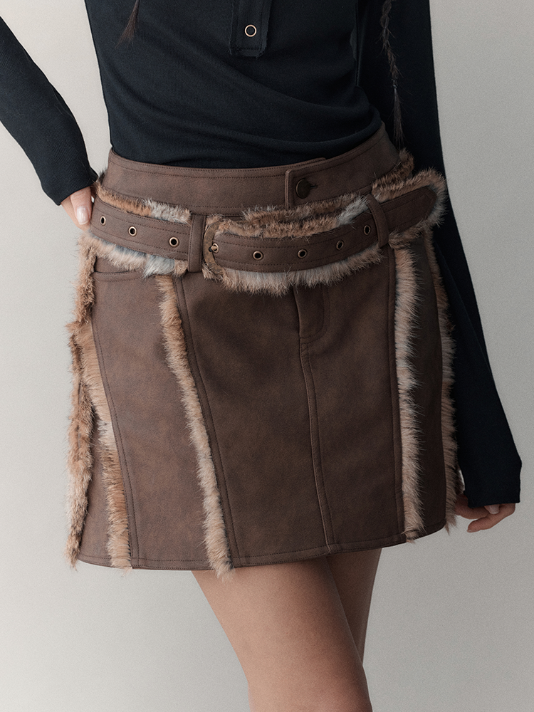 Leather&Fur Short Nichi Trapezoid Mini-Skirt