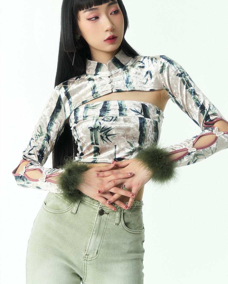 Fur China Embroidery Sleeve-Cut Banboo Nichi Bolero