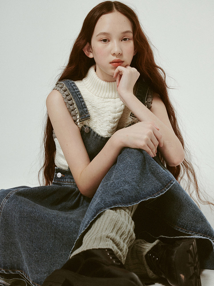Retro Gather Denim Ribbon Casual Long One-Piece