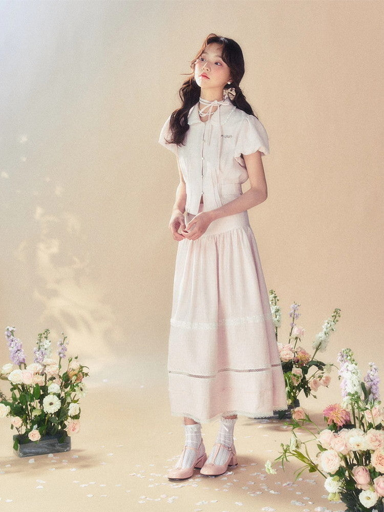 Constricted Puff-Sleeve Lace Flare Blouse&Long-Skirt