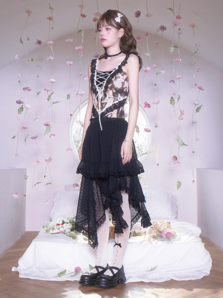 Lace Lace-Up Elegant Flower Gothic Frill No-Sleeve Tops