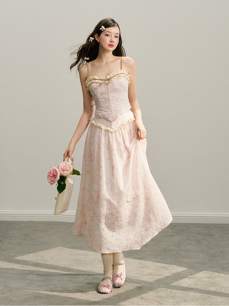 Set-Up Flower Feminine Cute Frill Camisole Bustier&Long-Skirt