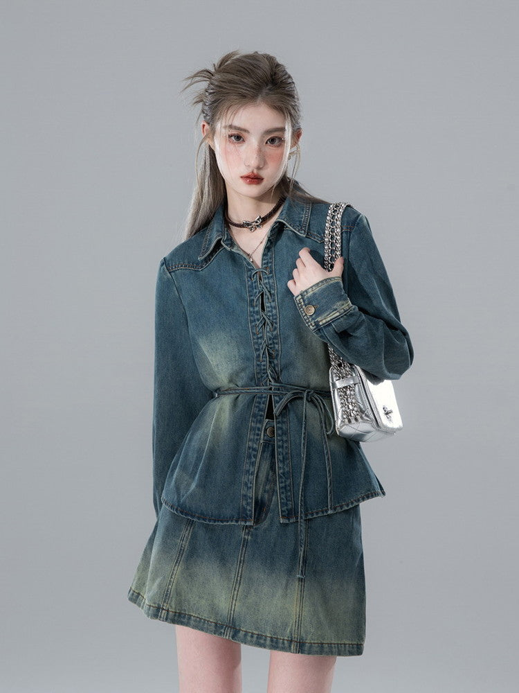 Shirt&Mini-Skirt Denim Gradation Casual Set-Up