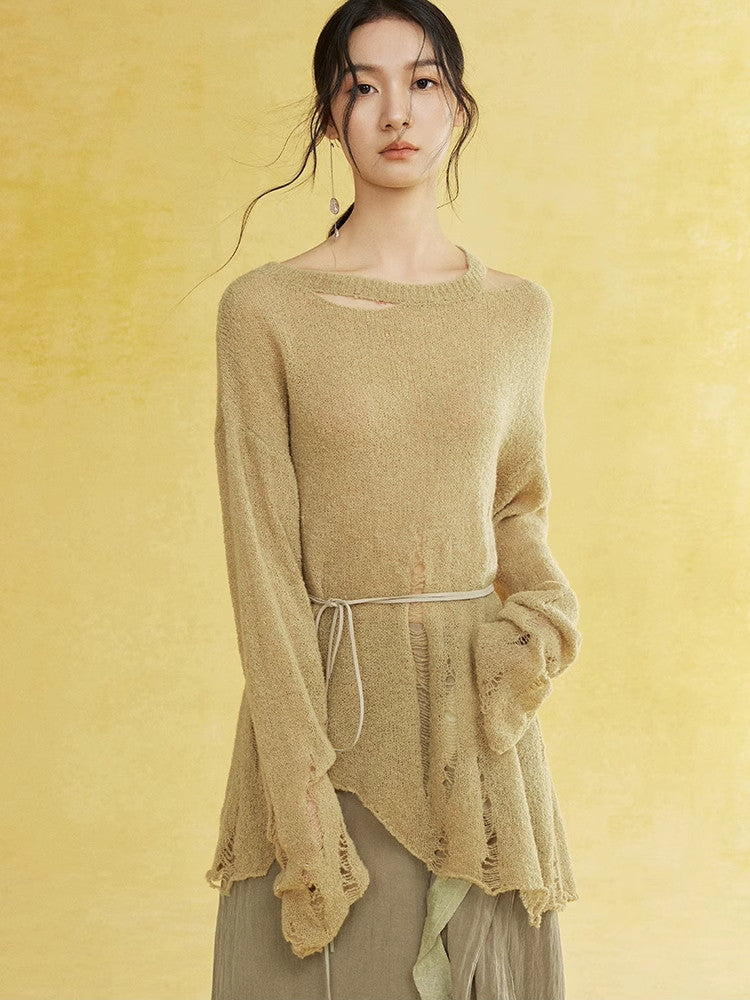 비대칭 손상 난소 캐주얼 커버 니트