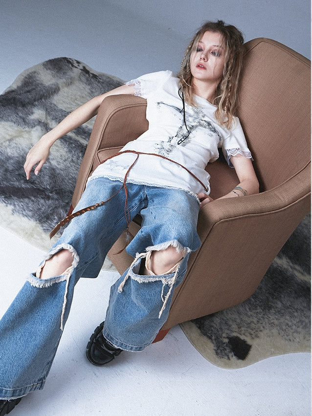 레이스 실루엣 인쇄 긴 티셔츠