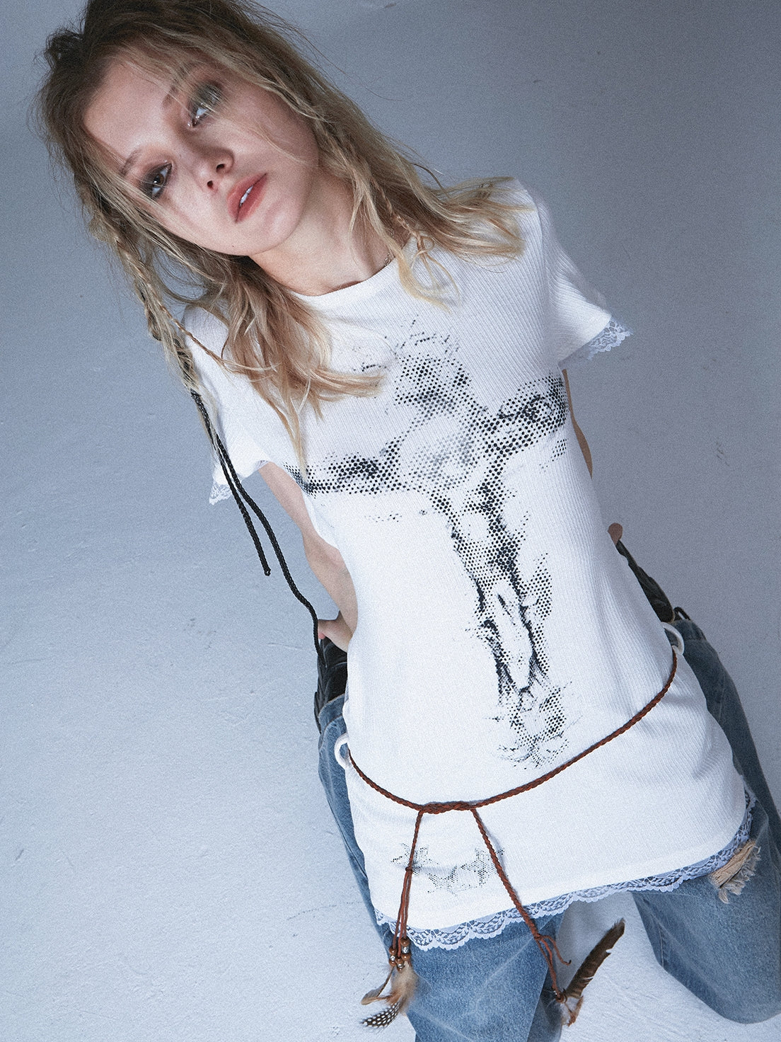 레이스 실루엣 인쇄 긴 티셔츠