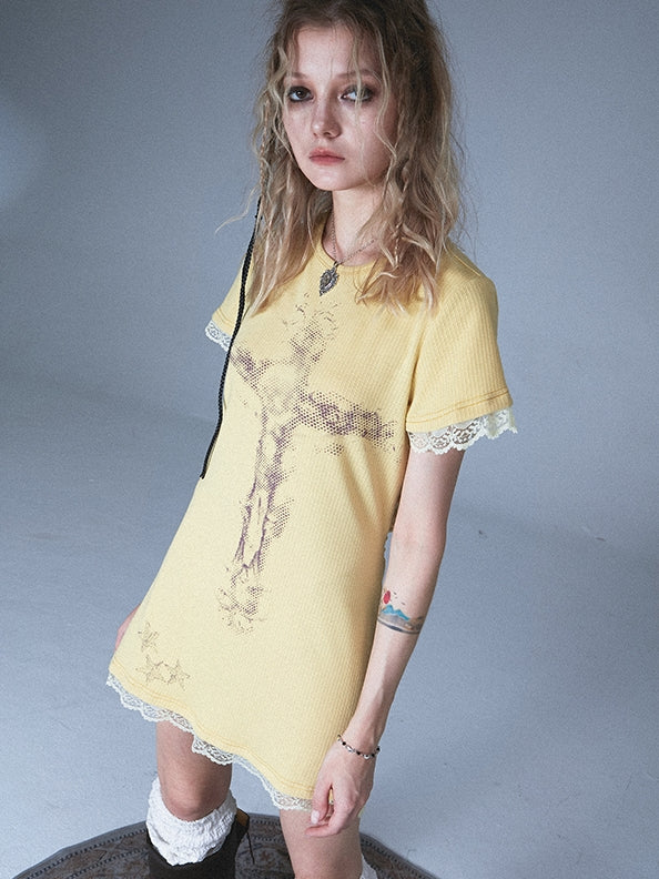 레이스 실루엣 인쇄 긴 티셔츠