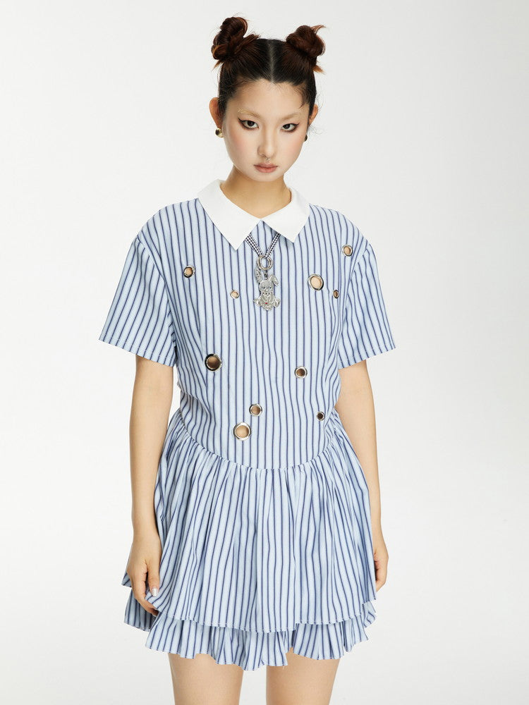 Stripe Tiered Frill Girly Flare Long-Tops Dress