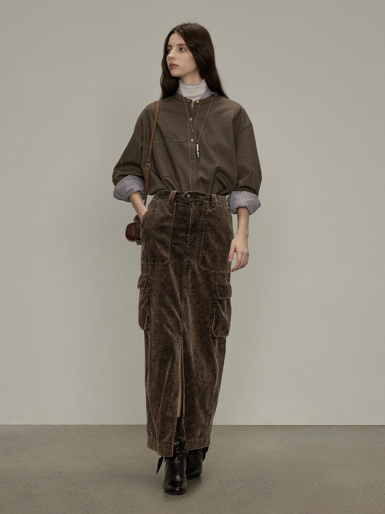 Side-Pocket Corduroy Plain Thick Casual Slit Long-Skirt