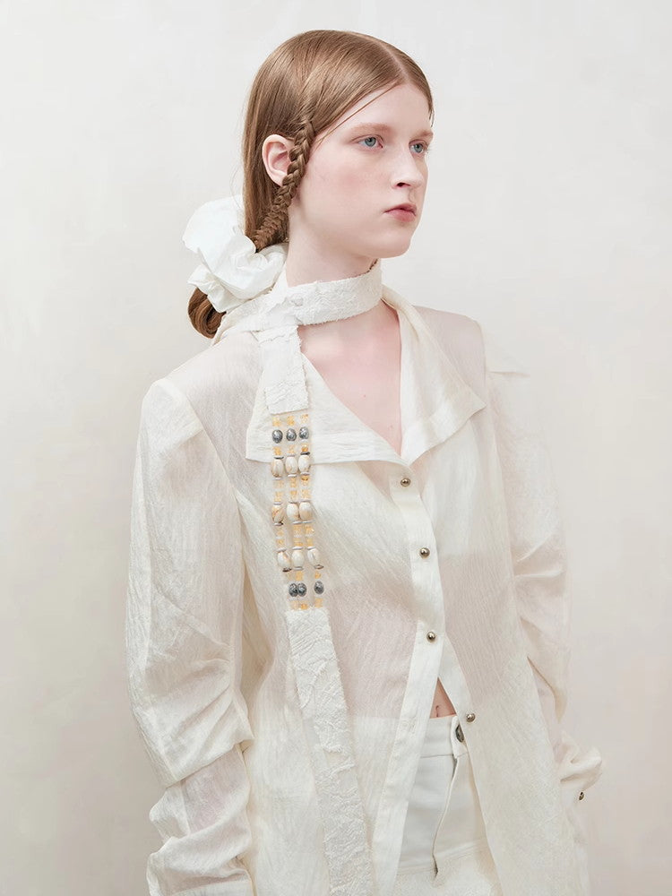 Oversize Wrinkled Sheer Chic Long-Scarf&Shirt