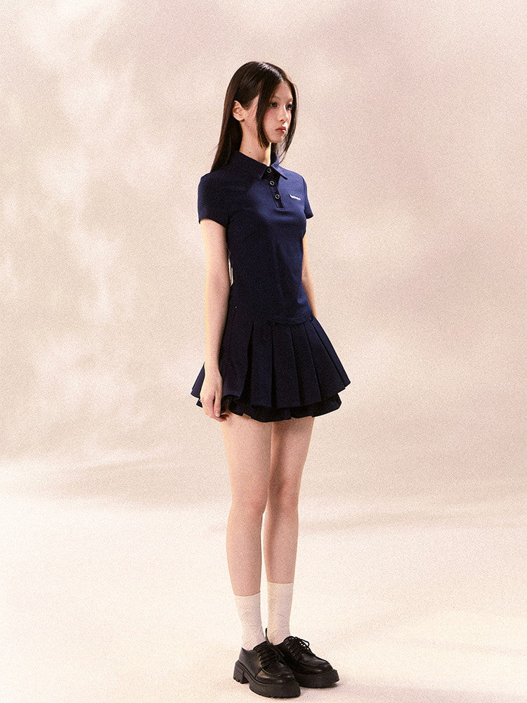 Set-Up Sports Casual Simple Pleats Polo-Shirt&Mini-Skirt