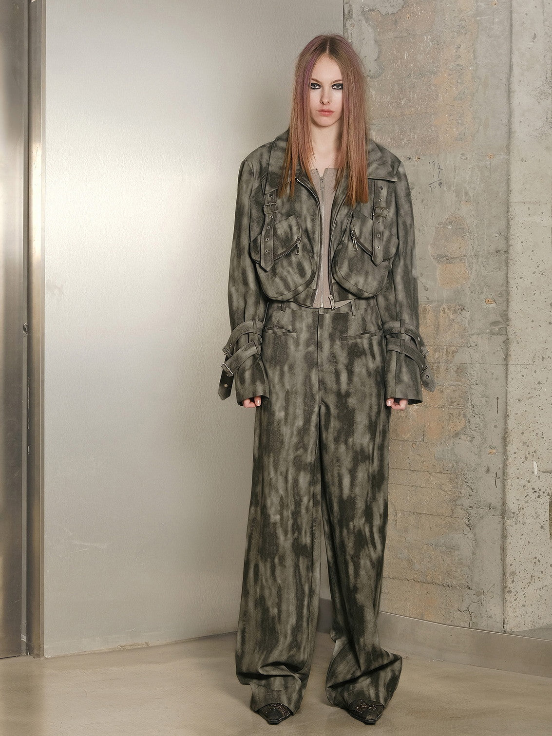 Set-Up Tie-Dye Leather Pocket Vintage Jacket&Loose-Pants