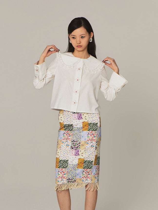 Frill-Collar Flower Girly Cute Beads Blouse