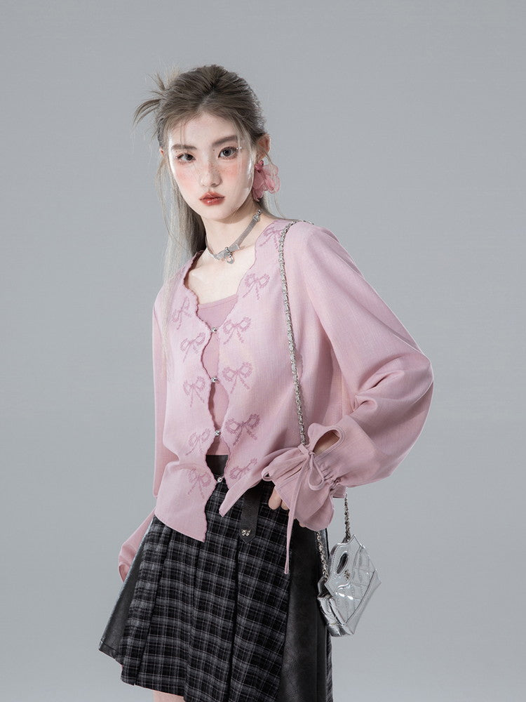 Cardigan&Long-Skirt Ribbon V-Neck Retro Set-Up