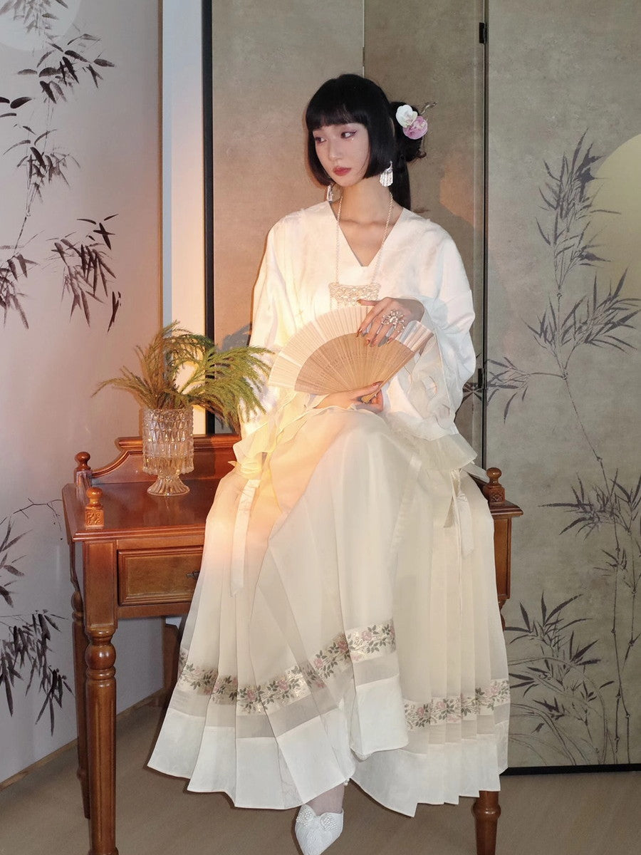 Embroidery Flowr Retro Sheer Box-Pleats Long-Skirt