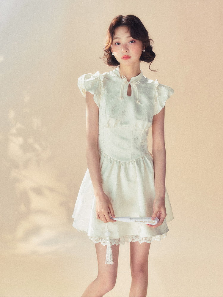Embroidery Puff-Sleeve Frill Flower Lace Flare Dress