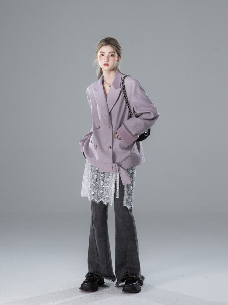 Denim Fower Wrap Cut-Off Slim Flare-Pants&Lace-Skirt