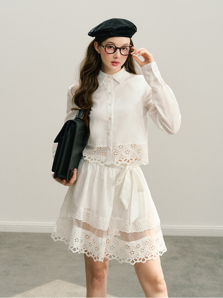 Set-Up Flower Punching Ribbon Clean Blouse&Skirt