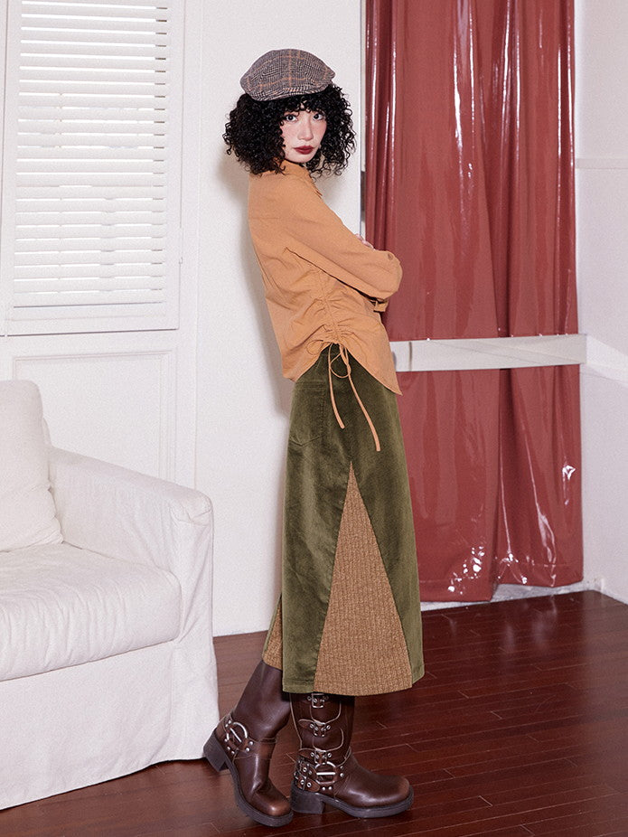 Corduroy Patchwork Flare Retro Simpe Long-Skirt
