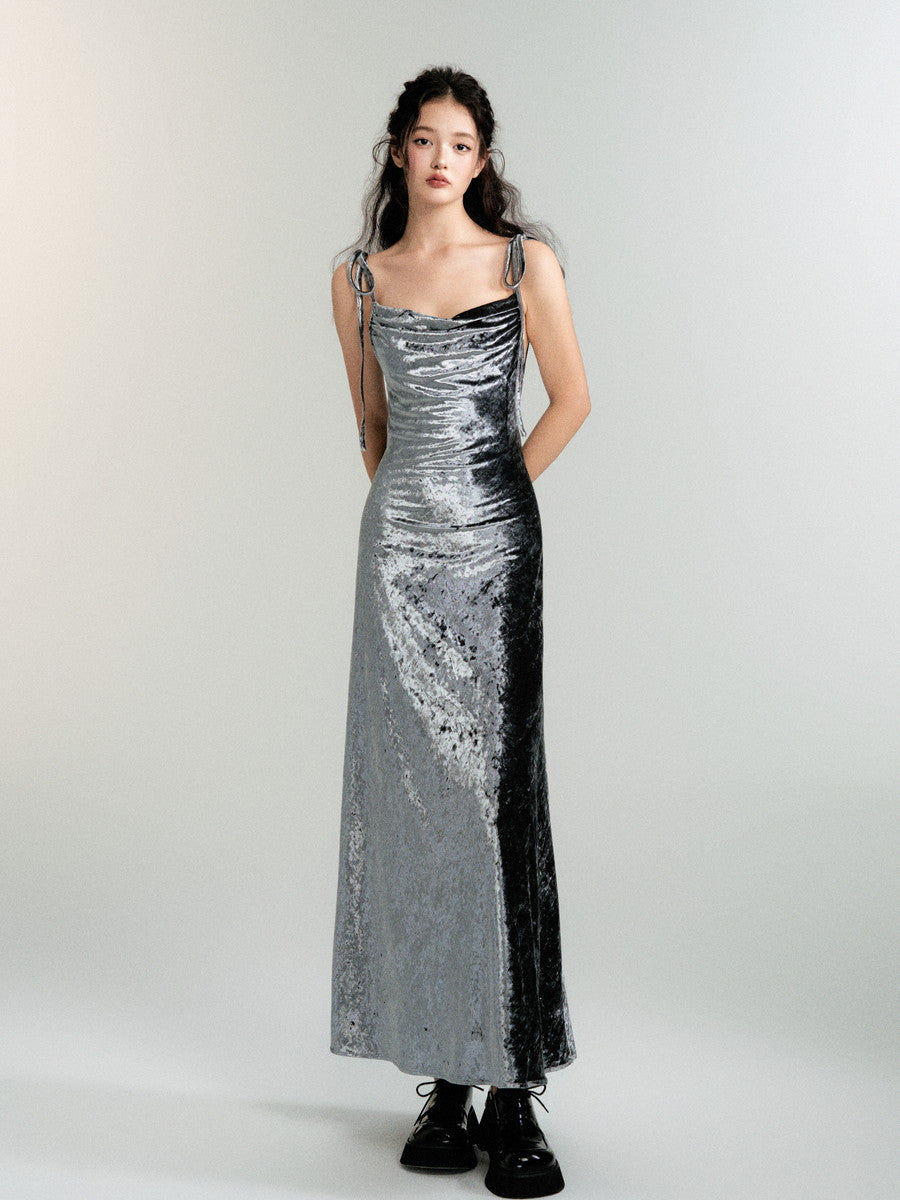 Metallic Velvet Camisole Long Elegant Slim Dress