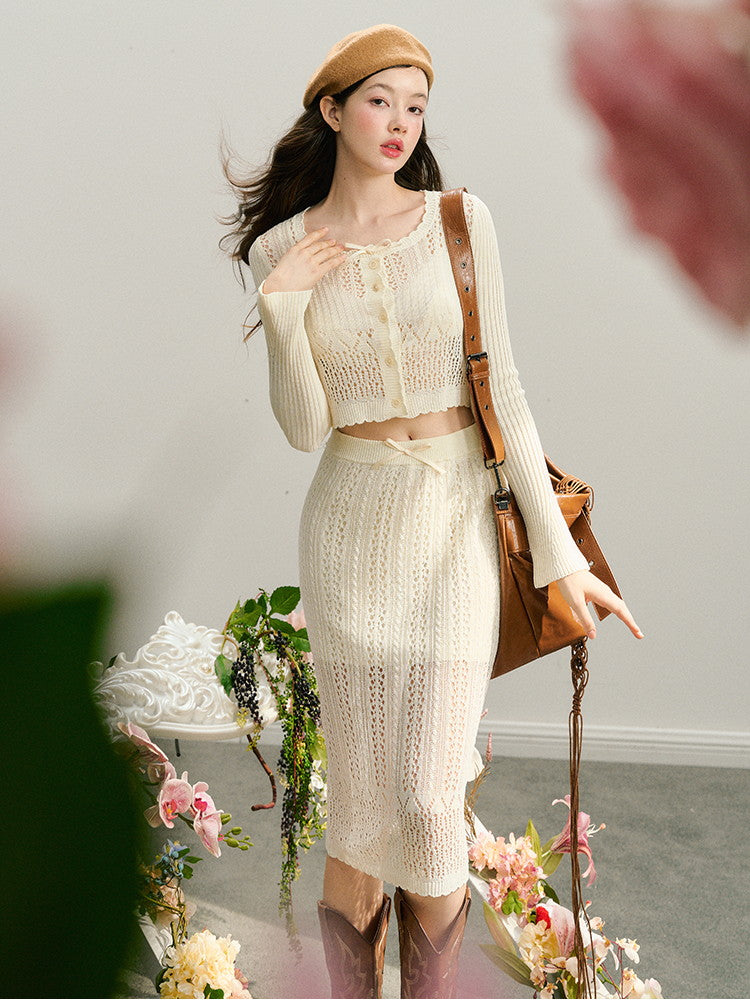 Knit Set-Up Sheer Mesh Scallop Feminine Sexy Tops&Skirt