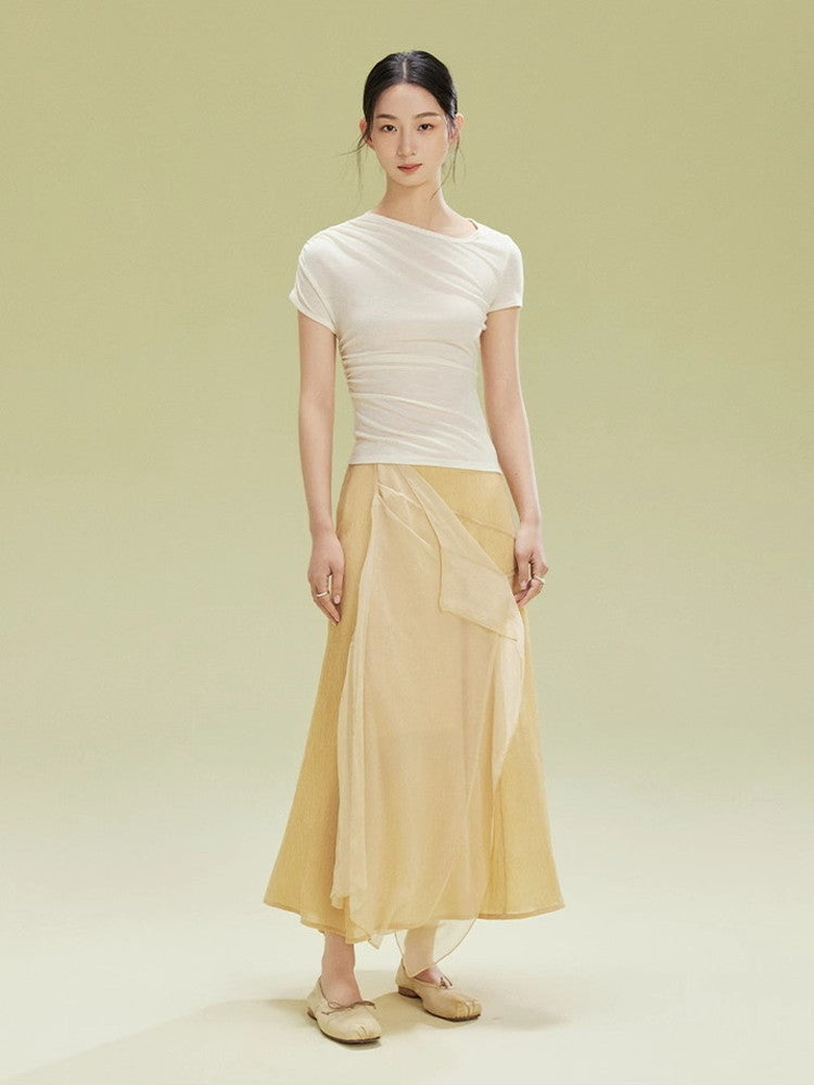 Asymmetry Simple Drape Gather Plain T-Shirt