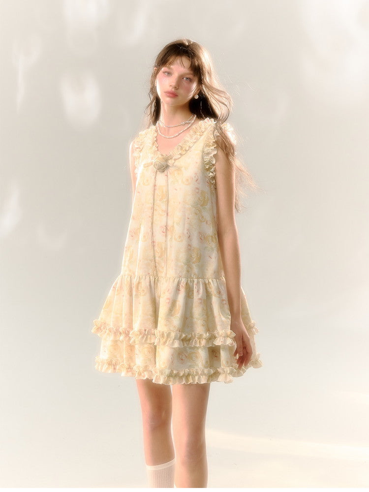 Flower Rose Frill No-Sleeve Sweet Dress