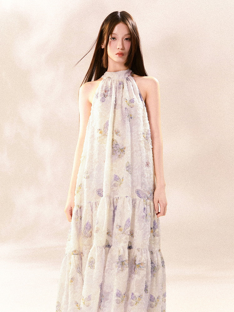 American-Sleeve Pale-Tone Flower Tiered No-Sleeve Long Dress