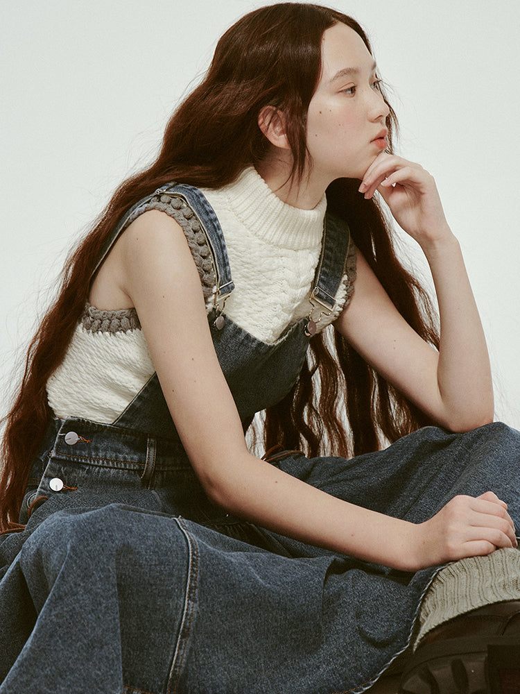 Retro Gather Denim Ribbon Casual Long One-Piece