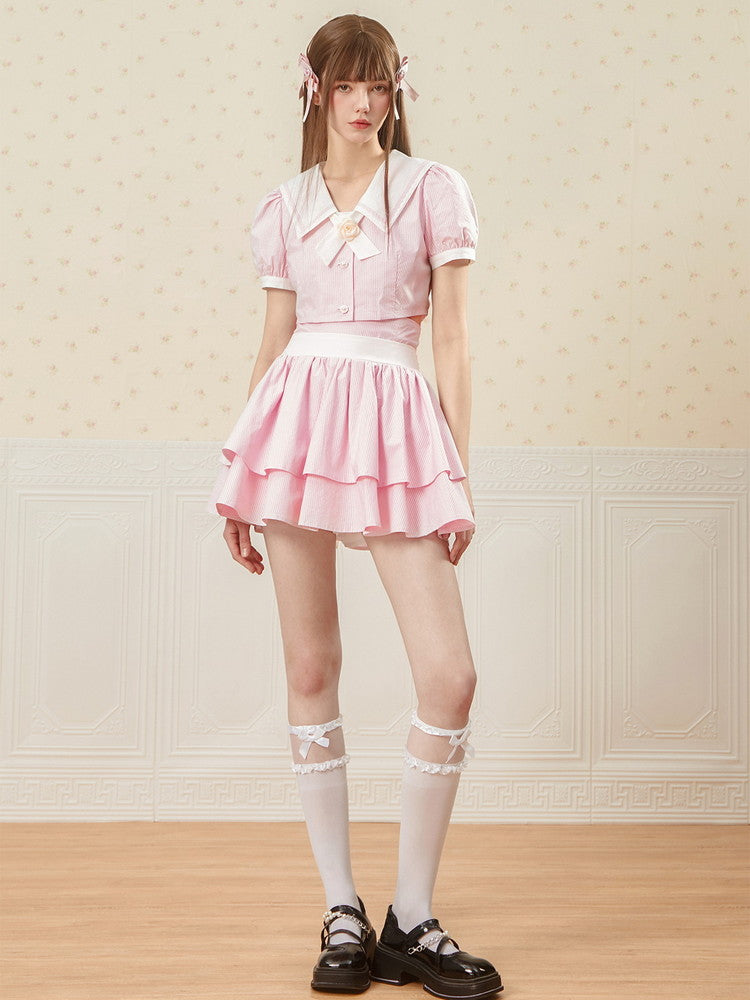 Set-Up Stripe Sailor Lace Cute Ribbon College Blouse&Long-Skirt