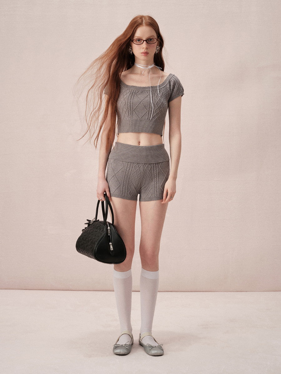 Cable-Knit Off-Shoulder Casual Relax Set-Up Tops&Short-Pants