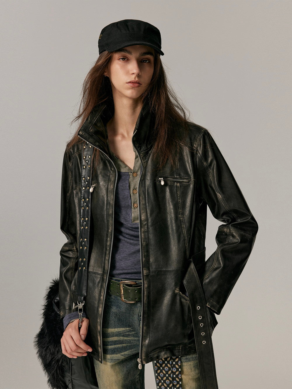 Smooth Vintage Stand-Collar Cool Loose Leather-Jacket