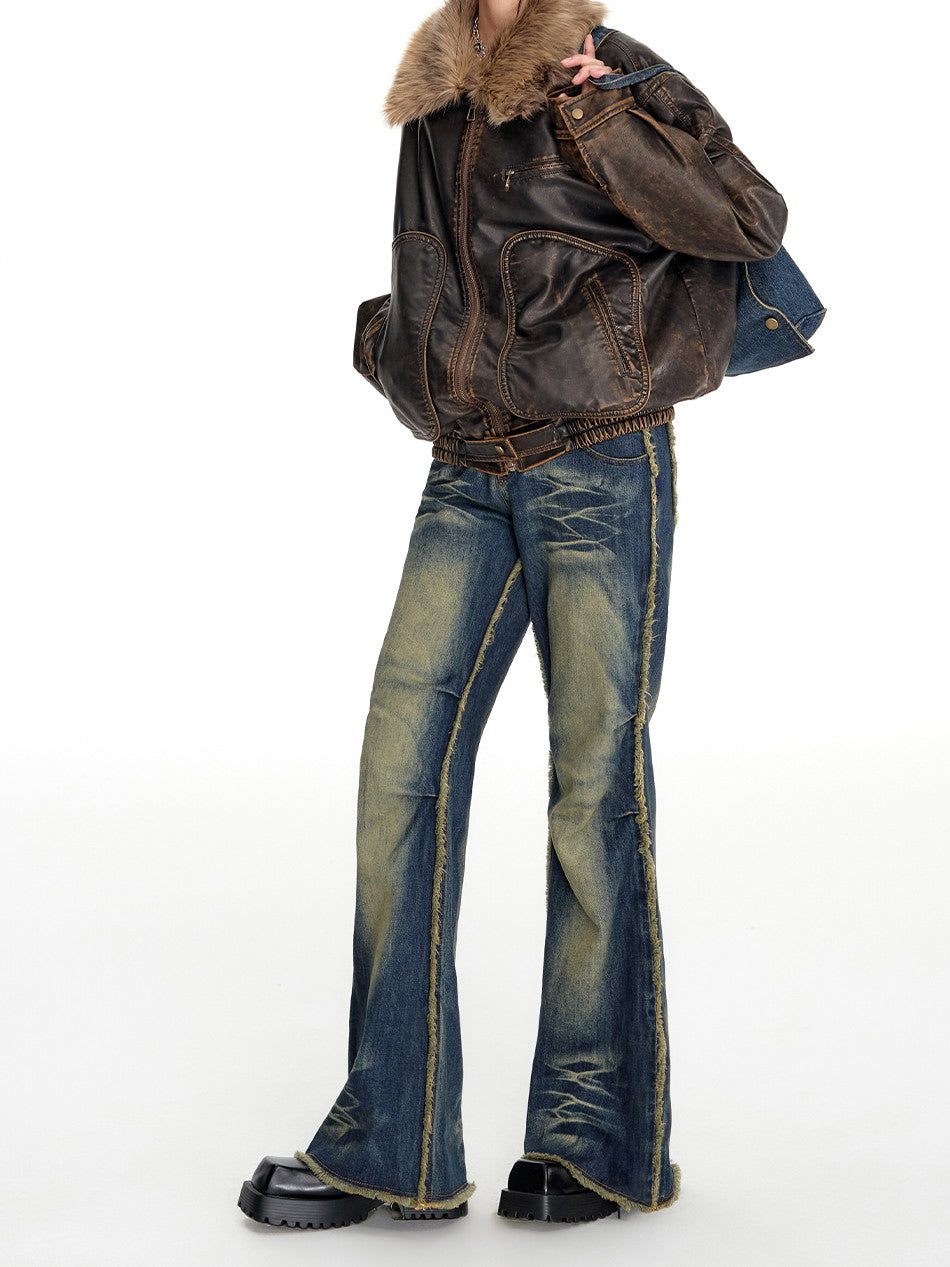 Denim Faded Vintage Cut-Off Casual Flare-Pants