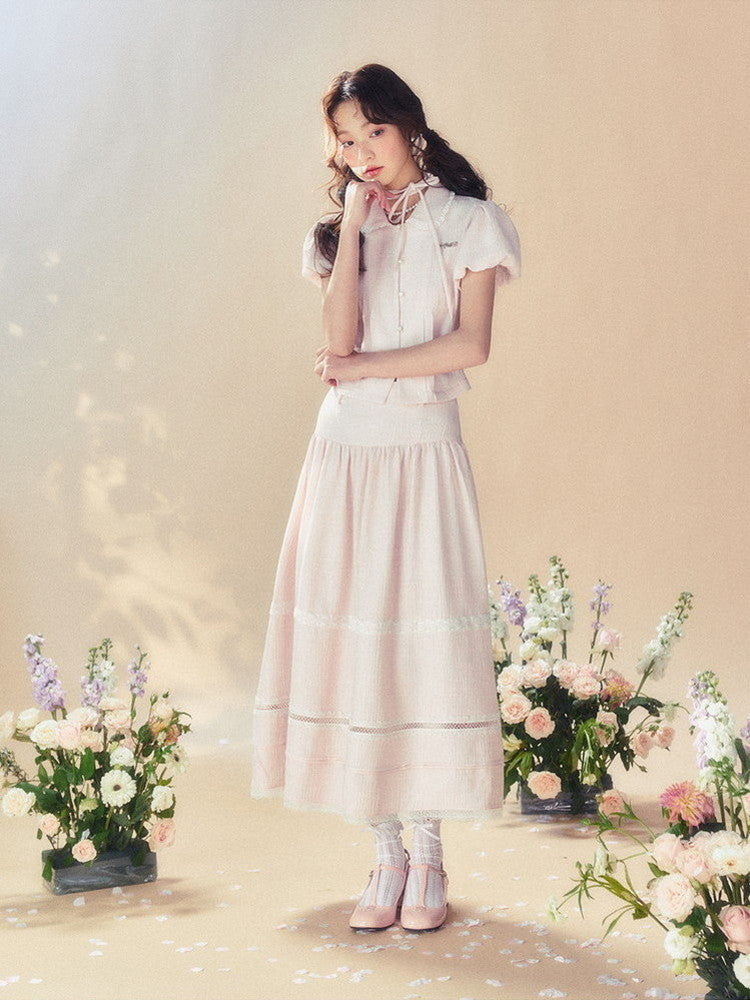 Constricted Puff-Sleeve Lace Flare Blouse&Long-Skirt