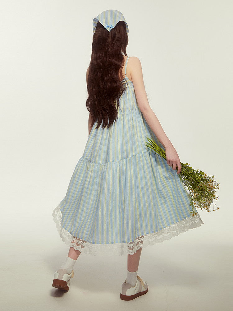 Camisole Lace Stripe Flare Button Layered Casual Dress